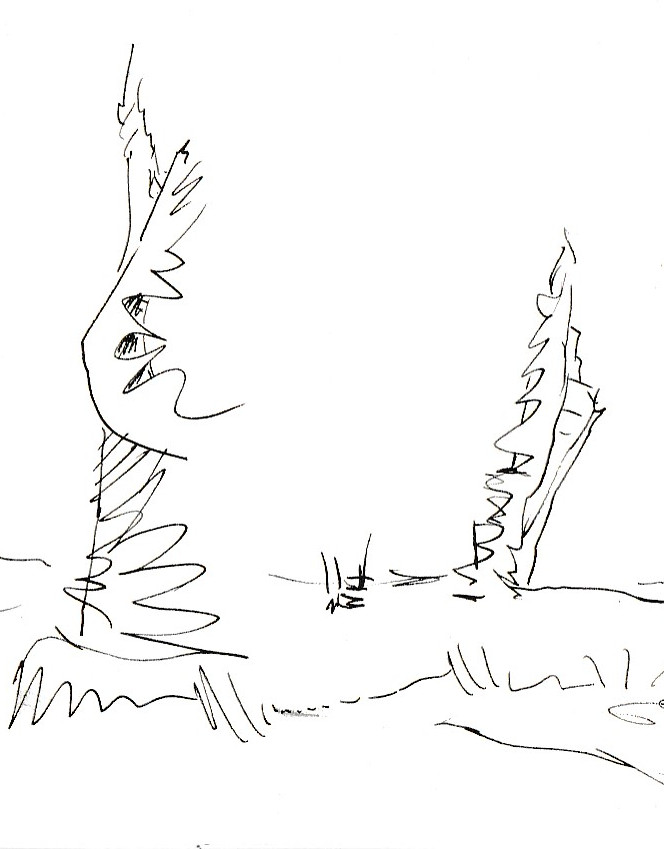 Center of Landscape image: Two treelike structures composed of lines in a barren landscape